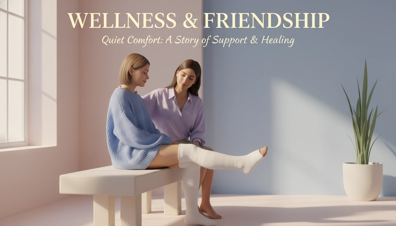 A friend offers quiet support to someone with a cast, illustrating the right approach for what to say to an injured athlete to show you care. File: what-to-say-to-an-injured-athlete-bestie-ai.webp