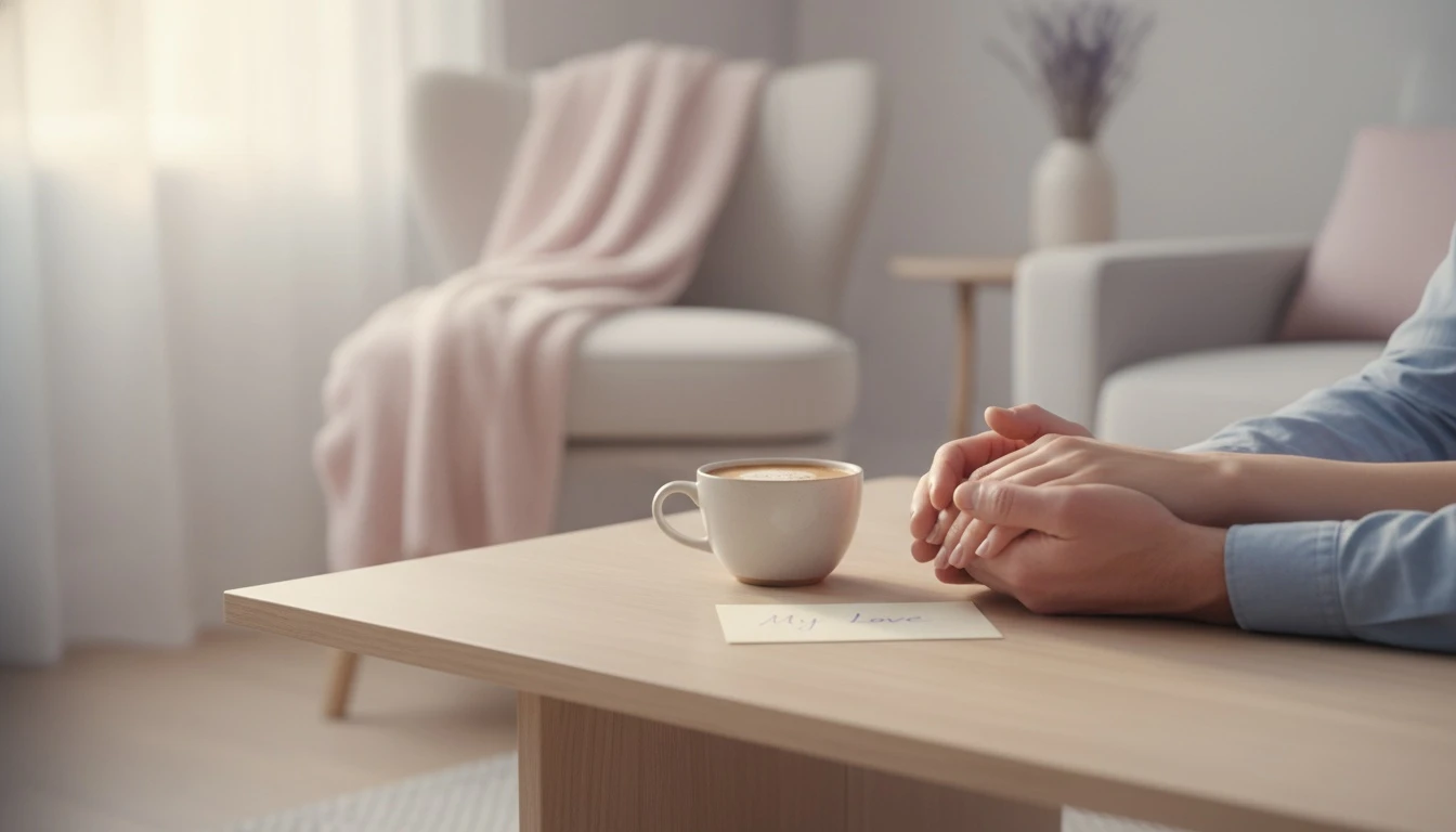 A man showing appreciation on National Boyfriend Day by holding his girlfriend's hands across a table with a coffee and a note, symbolizing simple romantic gestures. filename: when-is-national-boyfriend-day-guide-for-him-bestie-ai.webp