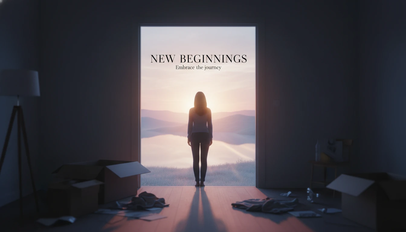 A person stands at a threshold, making the difficult decision on when to leave a relationship, choosing a peaceful sunrise over a dark room.