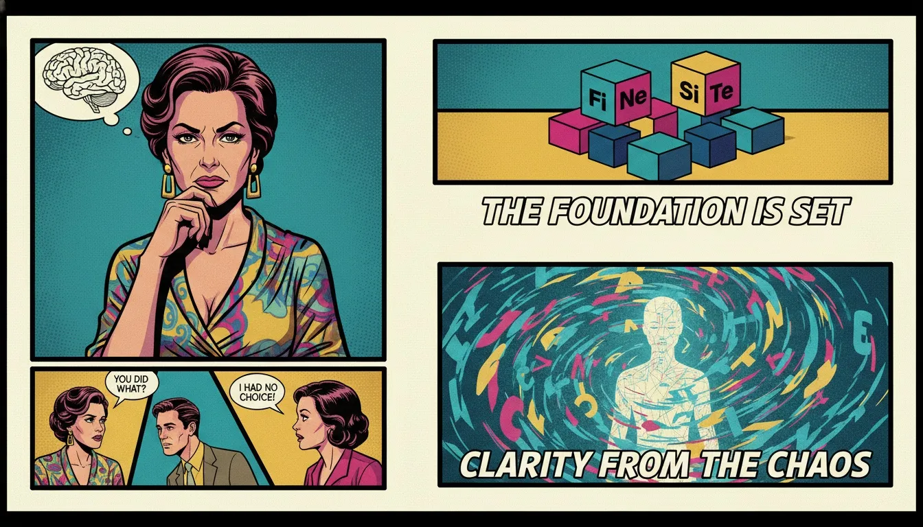 A conceptual image answering 'Which MBTI type am I?' by showing a person's silhouette made of light, finding clarity as cognitive function cubes lock into place, replacing chaotic letters. Filename: which-mbti-type-am-i-bestie-ai.webp
