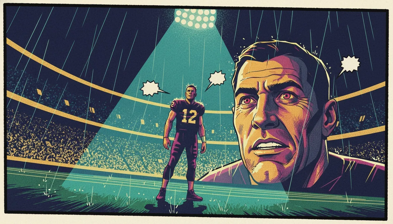 A dramatic photo representing the long journey of Chris Oladokun, the Chiefs' backup quarterback, as he stands under a spotlight ready for his moment. filename: 'who-is-chris-oladokun-bestie-ai.webp'.