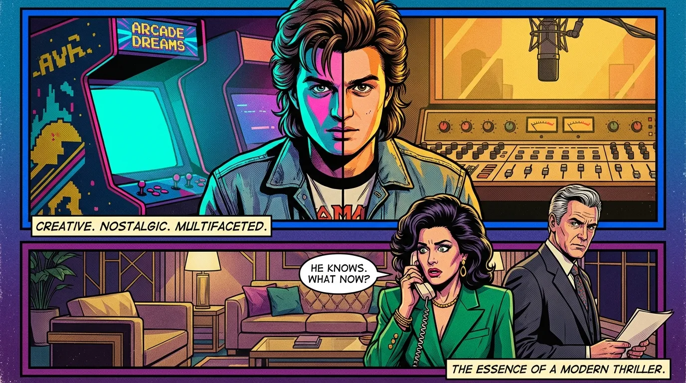 A moody, artistic portrait exploring who is Joe Keery, showing his dual identity as an actor with nostalgic 80s lighting and a musician in a recording studio. Filename: who-is-joe-keery-bestie-ai.webp