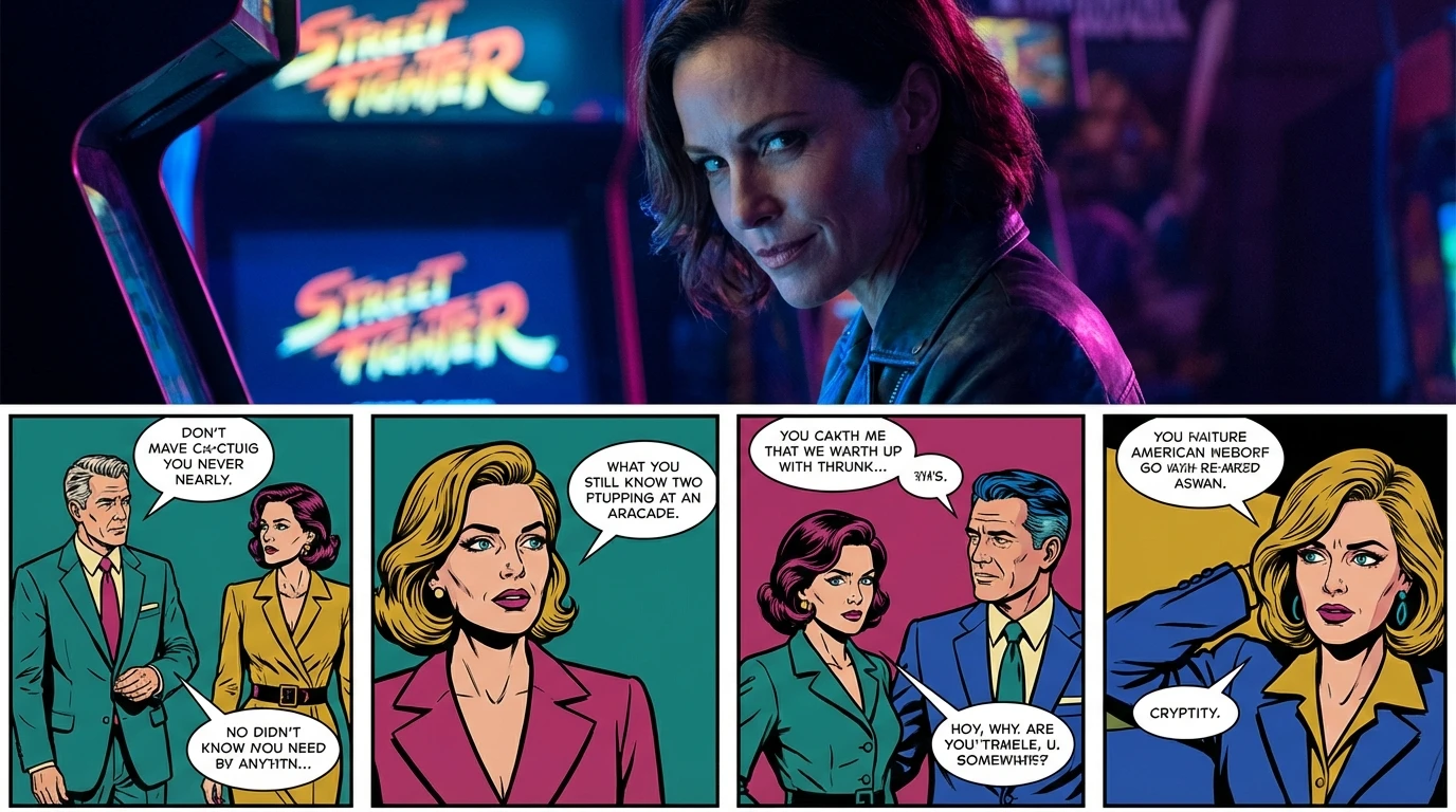 A symbolic portrait of actress Mel Jarnson against a neon backdrop, representing her casting as Cammy in the anticipated Street Fighter movie. Filename: mel-jarnson-bestie-ai.webp