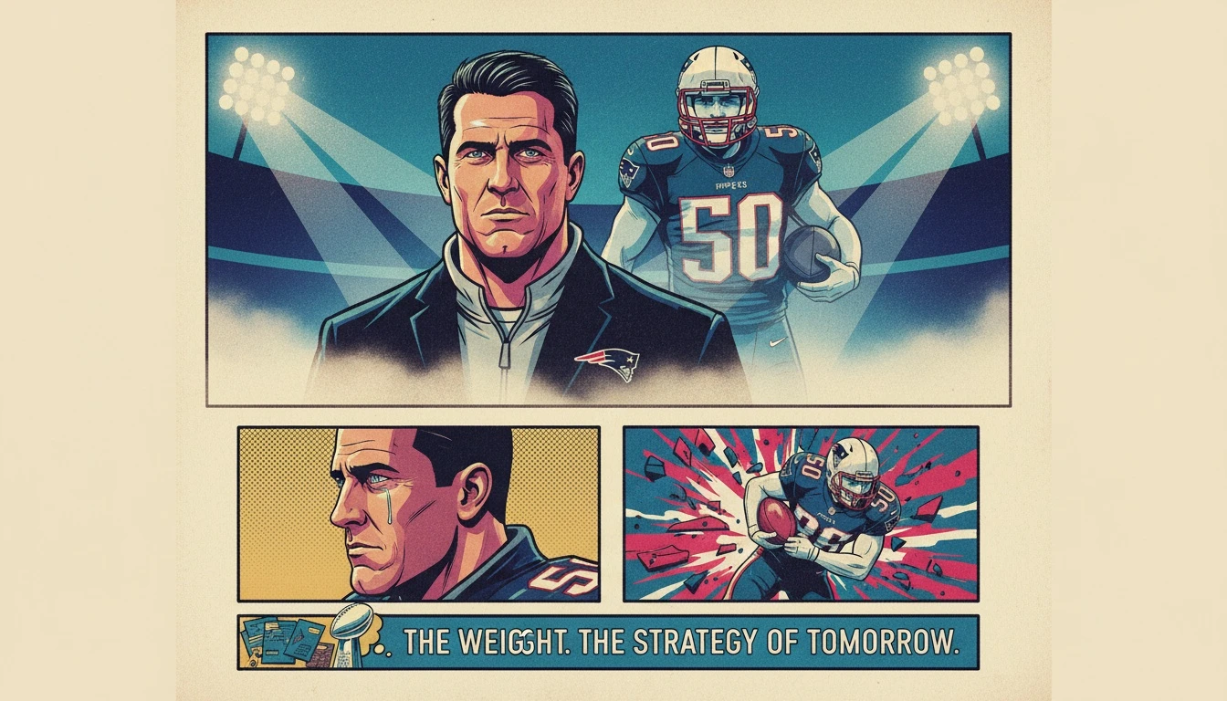 A symbolic image representing the career of Mike Vrabel, showing him as a focused coach with his past as a Patriots player in the background, illustrating his complete biography. Filename: who-is-mike-vrabel-bestie-ai.webp