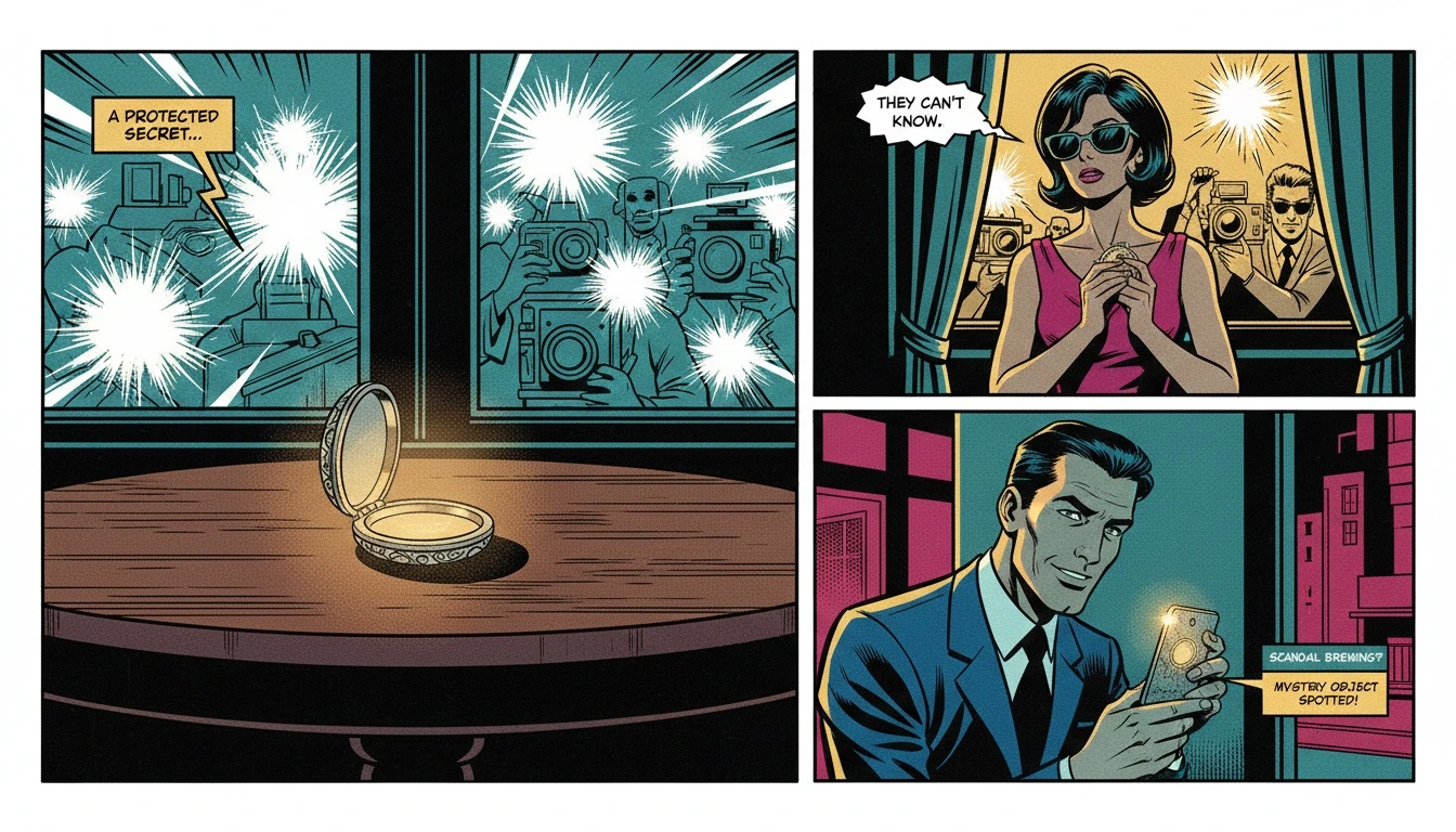 A symbolic image representing why celebrities hide relationships, showing a private locket protected from the flashes of paparazzi cameras in the background. filename: why-celebrities-hide-relationships-bestie-ai.webp