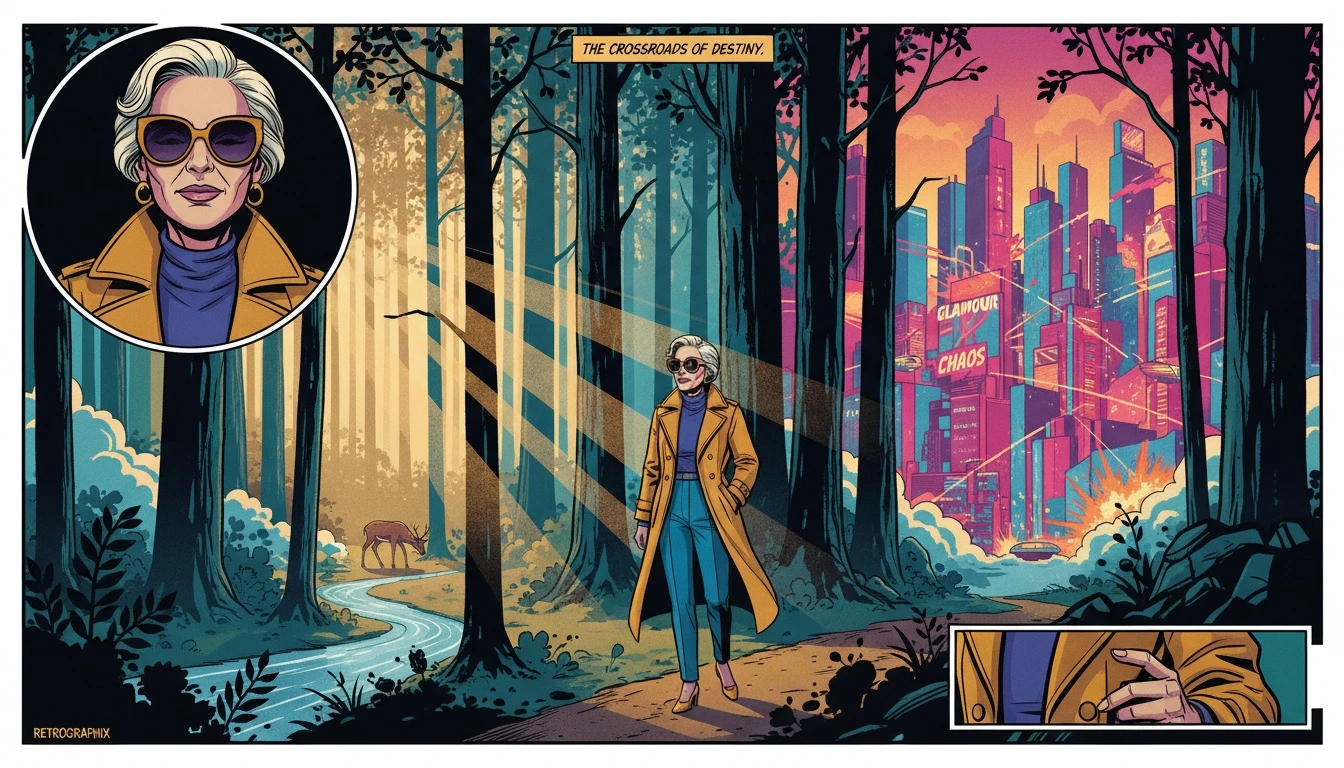 A symbolic image representing why Dacre Montgomery quit Hollywood: a figure choosing a peaceful, natural path over a chaotic, fame-lit city, illustrating a redefinition of success. why-dacre-montgomery-quit-hollywood-bestie-ai.webp