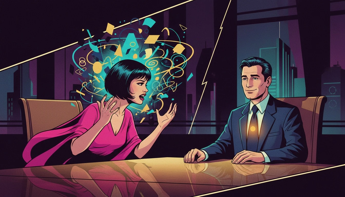 A visual representation of why do ENTPs like to debate: a person with glowing ideas passionately explains something to a calm partner who radiates warmth, symbolizing intellectual connection rather than conflict. why-do-entps-like-to-debate-bestie-ai.webp