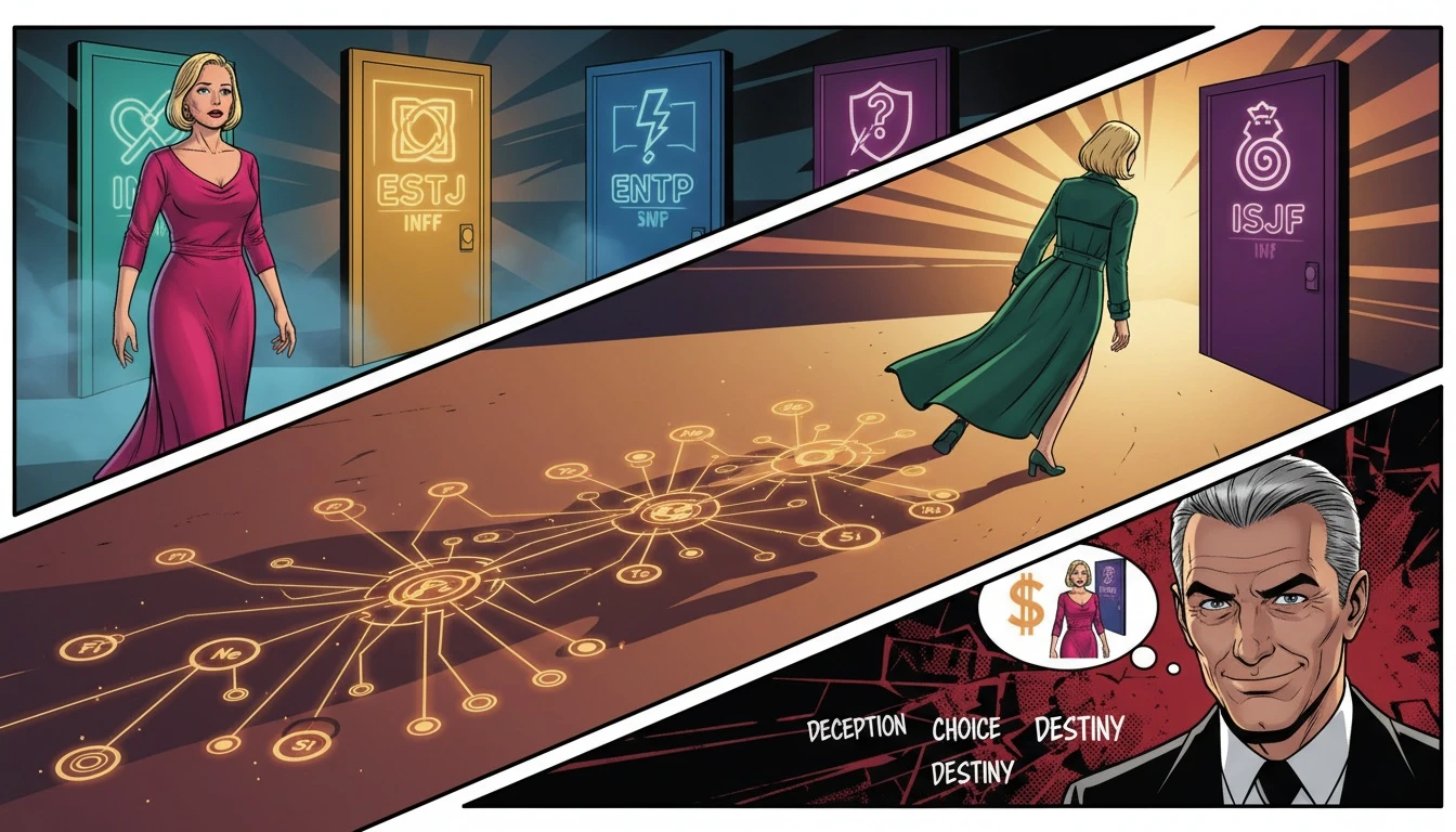 An illustration showing how MBTI test results change over time, depicted as a person choosing between several glowing doors, with their complex shadow revealing their true, stable cognitive functions. Filename: why-mbti-test-results-change-over-time-bestie-ai.webp