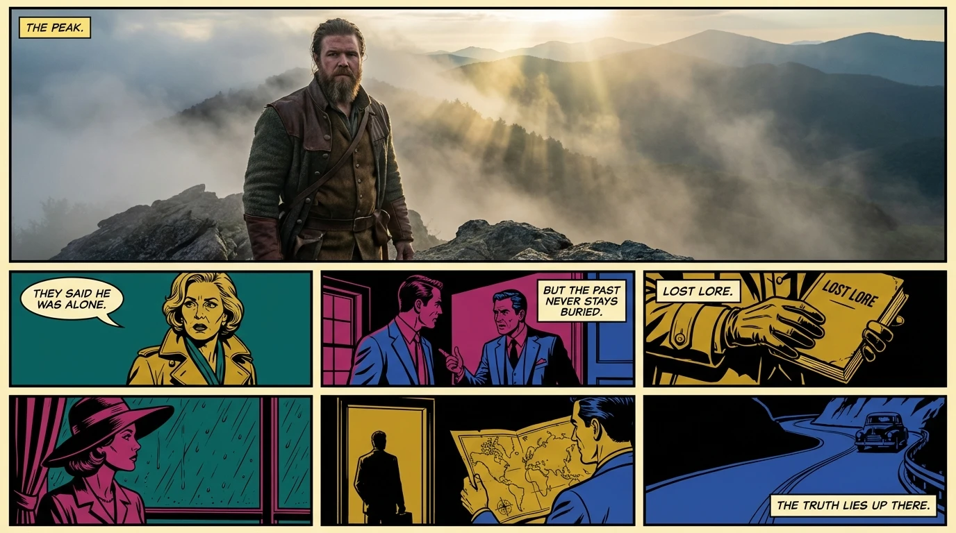 A cinematic image depicting the feeling of the Ryan Hurst Outsiders TV show, with a character standing defiantly on a misty mountain, symbolizing the show's cancellation and legacy. filename: ryan-hurst-outsiders-tv-show-bestie-ai.webp