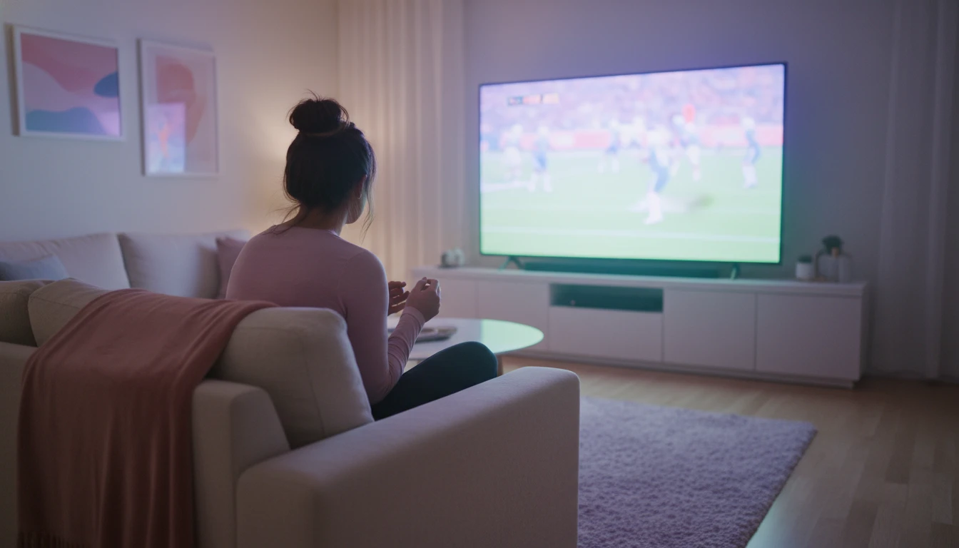 A football fan watching a game in a dark room, illustrating the intense emotional investment and frustration that commentary from analysts like Troy Aikman can cause. Filename: troy-aikman-commentary-fan-reaction-bestie-ai.webp