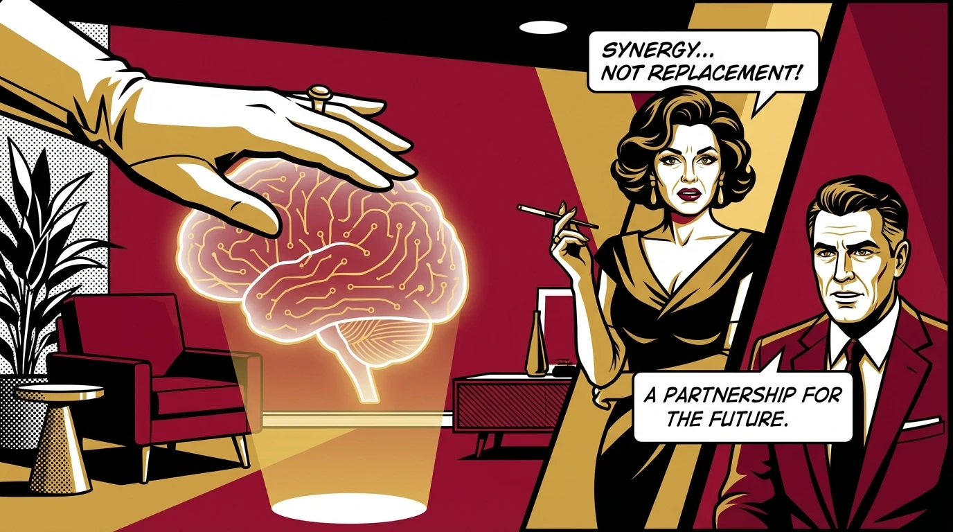 A symbolic image showing a human hand and a digital brain working in harmony, representing the collaborative future of ai speech therapy and why the human element is irreplaceable. Filename: ai-speech-therapy-bestie-ai.webp