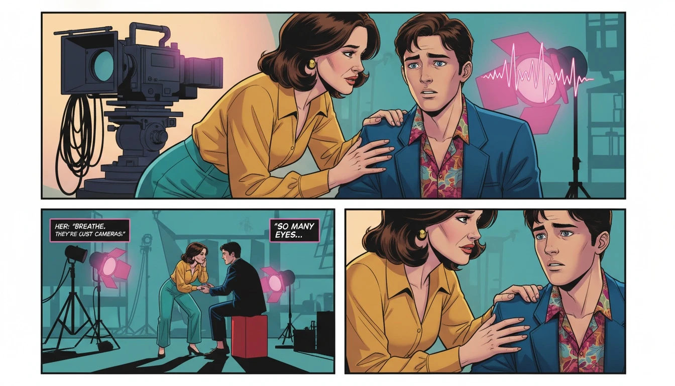 A veteran actress mentoring a young actor on set, embodying the supportive and professional Winona Ryder on set personality. The image captures a moment of quiet cast chemistry. Filename: winona-ryder-on-set-personality-bestie-ai.webp