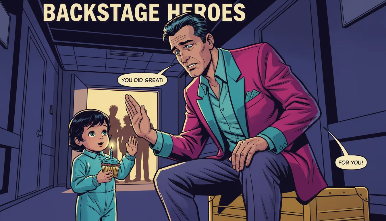 working-father-work-life-balance-tips-bestie-ai.webp - A professional father balancing a high-pressure career while maintaining emotional availability for his child backstage.