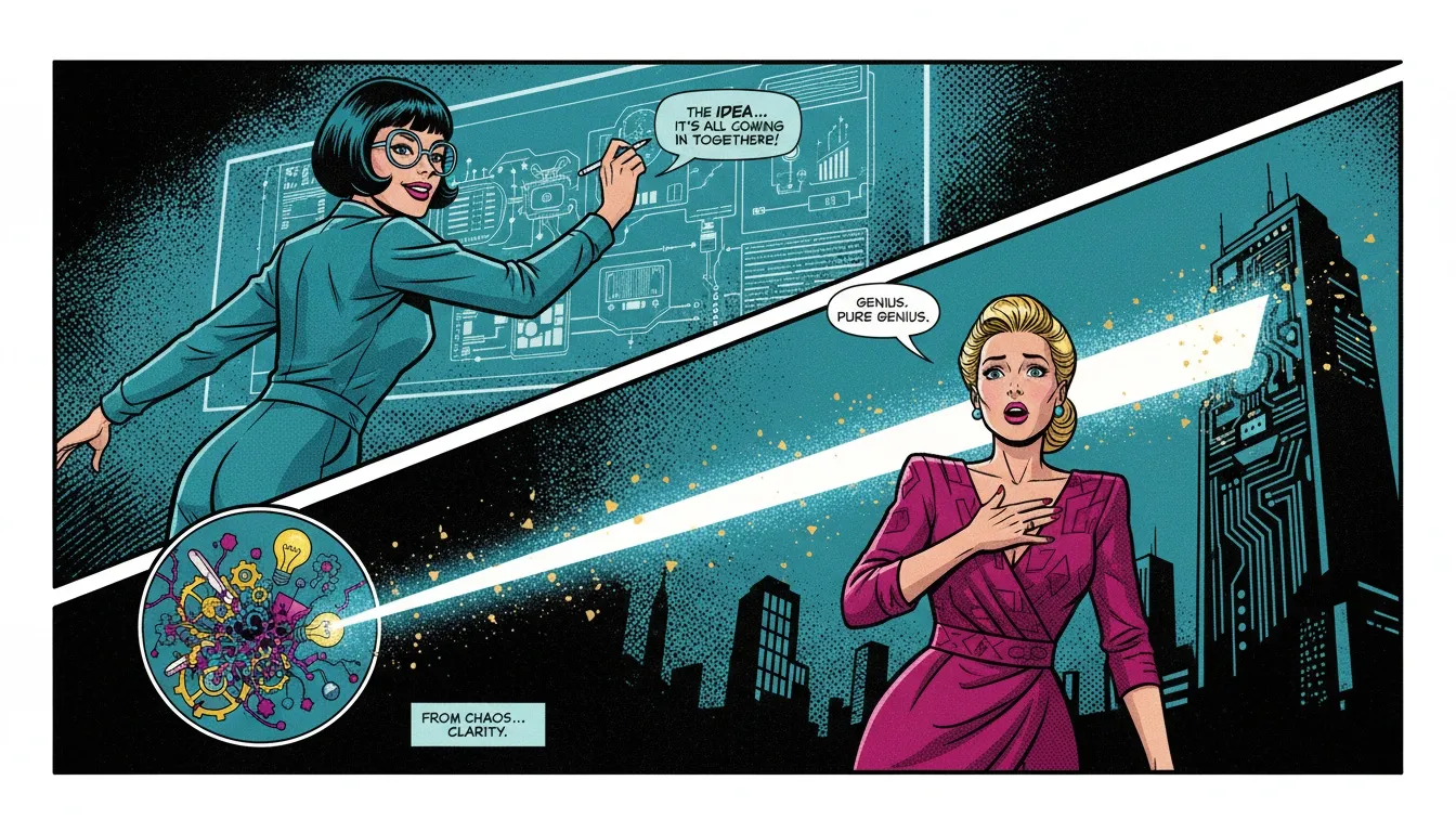 A conceptual image illustrating the process of working with an entp personality, showing chaotic ideas being channeled into a focused, brilliant blueprint for success. Filename: working-with-entp-personality-bestie-ai.webp