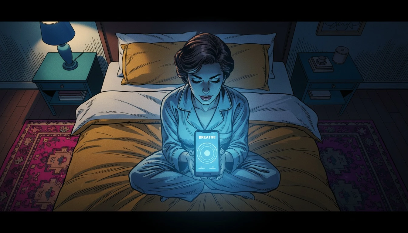 A person finds a moment of calm using Wysa for panic attacks on their phone in a dark room, the screen providing a soothing blue light. filename: wysa-for-panic-attacks-bestie-ai.webp