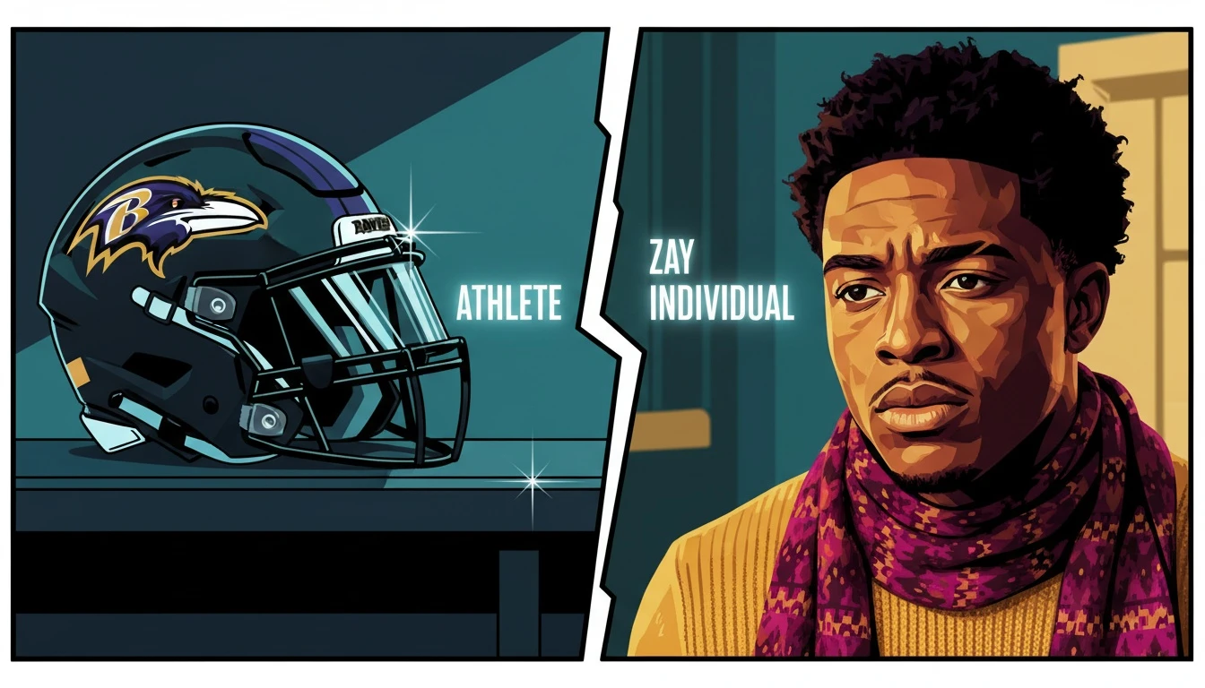 A symbolic image reflecting the personality revealed in a Zay Flowers interview, showing his helmet on one side and his thoughtful expression on the other. File: zay-flowers-interview-bestie-ai.webp