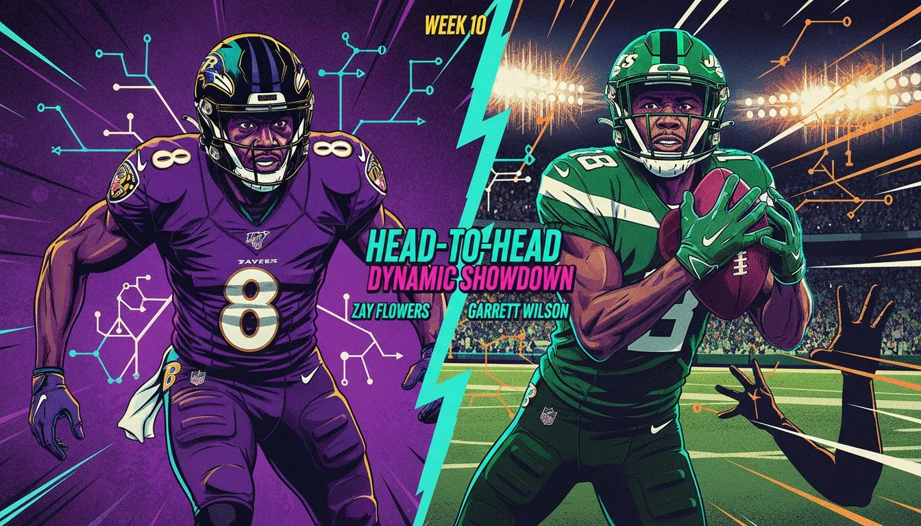 A split-screen image showing a data-driven comparison of Zay Flowers vs Garrett Wilson stats, with both receivers in dynamic action poses for their respective teams. filename: zay-flowers-vs-garrett-wilson-stats-bestie-ai.webp